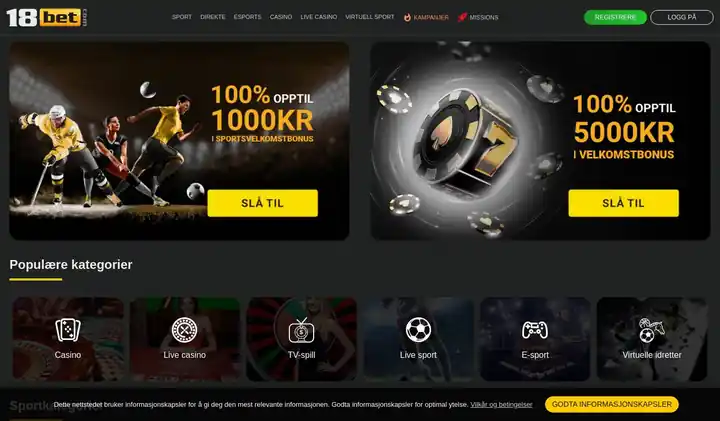 Skjermbilde av forsiden til 18bet