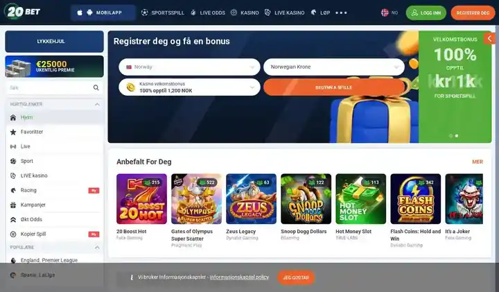 Skjermbilde av forsiden til 20Bet
