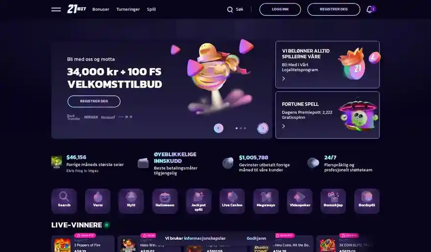 Skjermbilde av forsiden til 21bit Casino