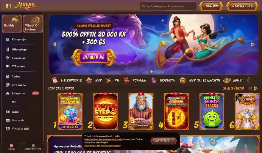 Skjermbilde av forsiden til Alawin Casino