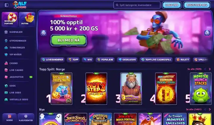 Skjermbilde av forsiden til Alf Casino