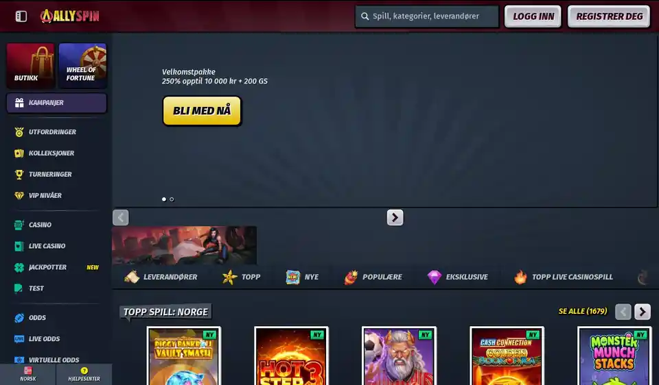 Skjermbilde av forsiden til AllySpin Casino