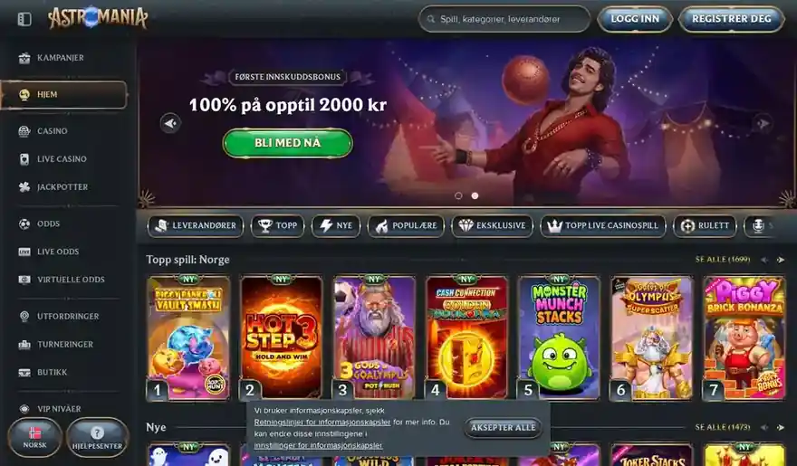 Skjermbilde av forsiden til AstroMania Casino