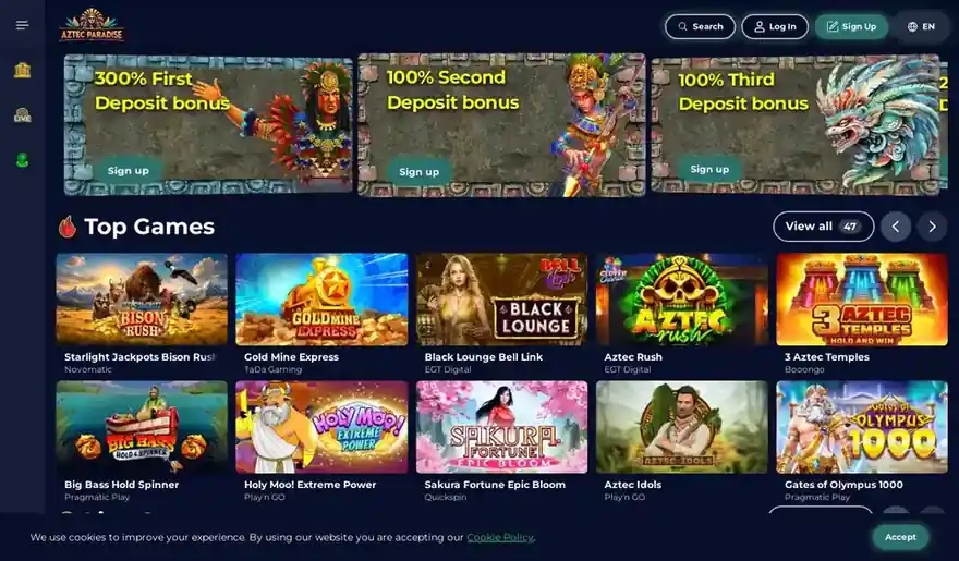 Skjermbilde av forsiden til Aztec Paradise Casino