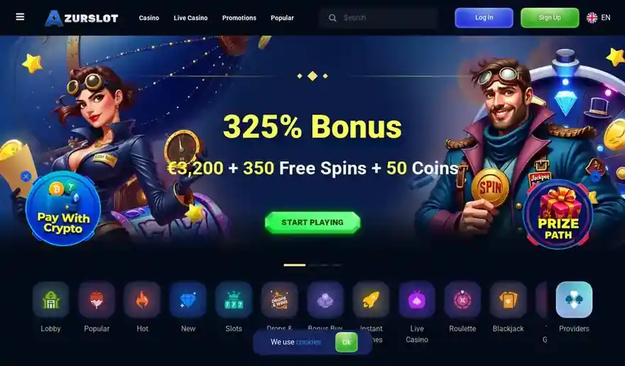 Skjermbilde av forsiden til Azurslot Casino med bannere for helgebonus, velkomstpakke, cashback og highroller-bonus