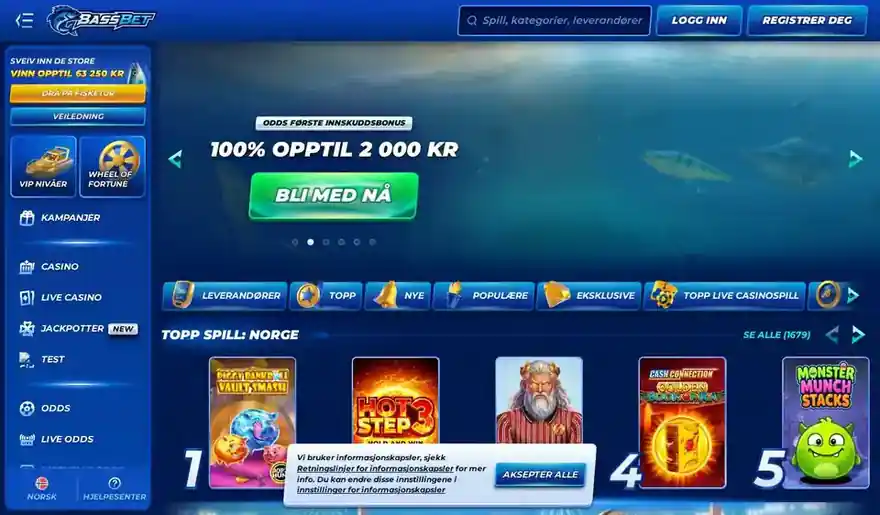 Skjermbilde av forsiden til BassBet Casino