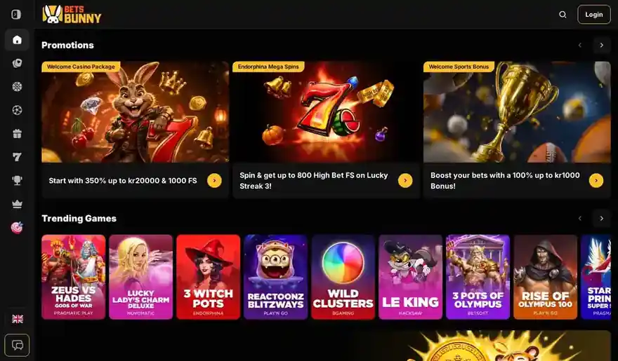 Skjermbilde av forsiden til Bets Bunny med kampanjer for casino, sport og krypto