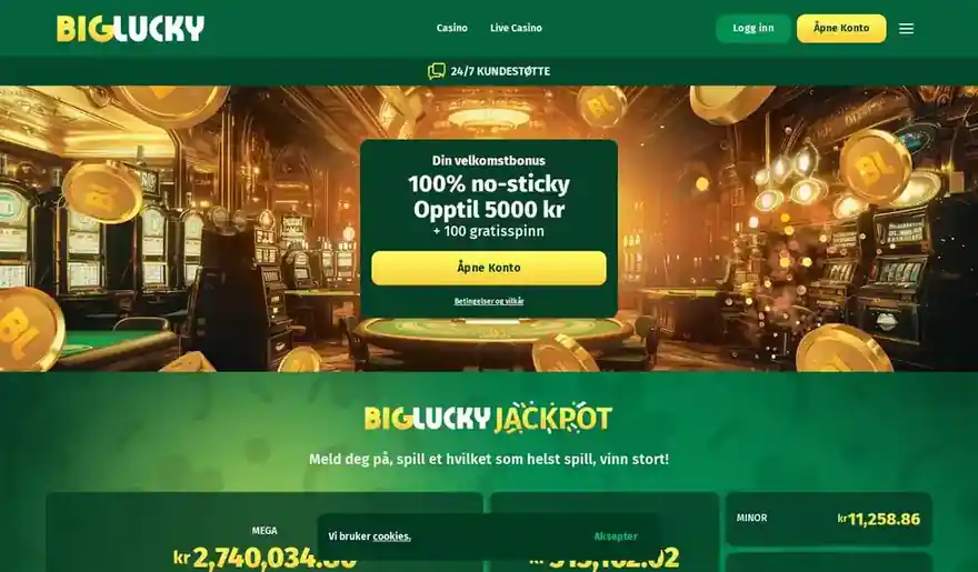 Skjermbilde av forsiden til Big Lucky Casino
