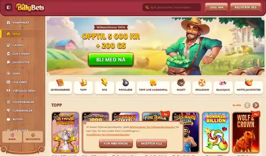 Skjermbilde av forsiden til BillyBets Casino