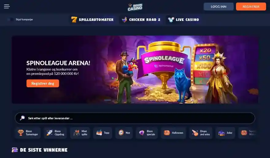 Skjermbilde av forsiden til Bison Casino