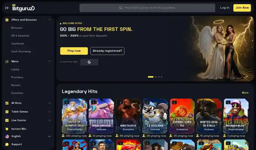 Skjermbilde av forsiden til Bitguruz Casino