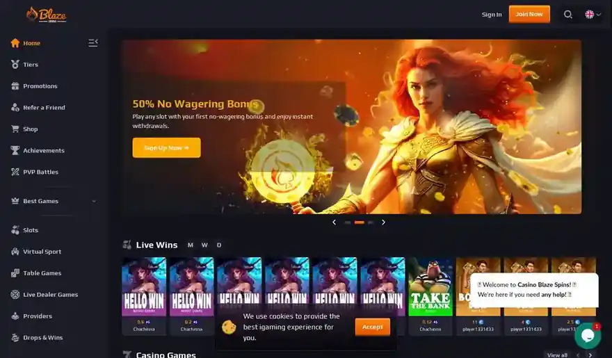 Skjermbilde av forsiden til BlazeSpins Casino