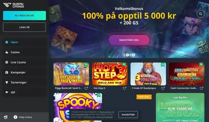 Skjermbilde av forsiden til Buran Casino