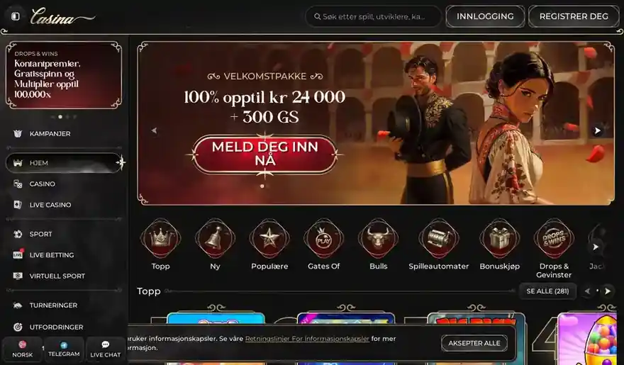 Skjermbilde av forsiden til Casina Casino