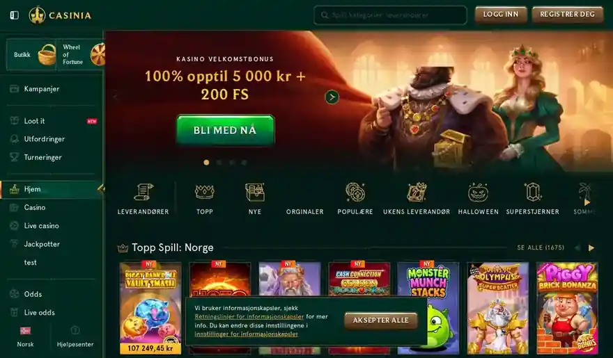 Skjermbilde av forsiden til Casinia Casino