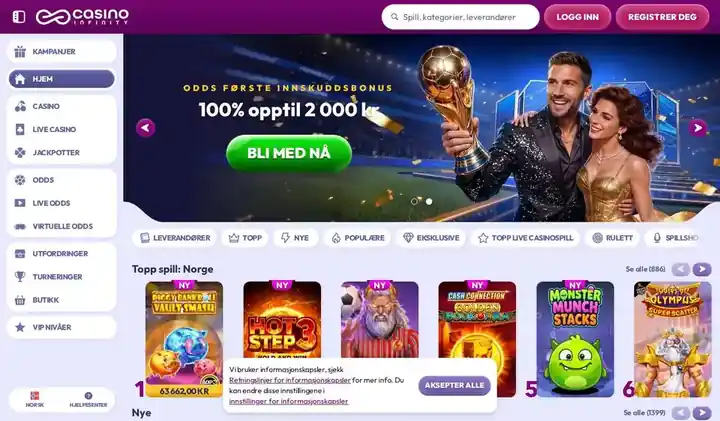 Skjermbilde av forsiden til Casino Infinity