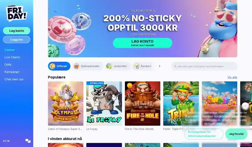 Skjermbilde av Casino Fridays norske kasinoside med velkomstbonus på 200 % opptil 3 000 kr