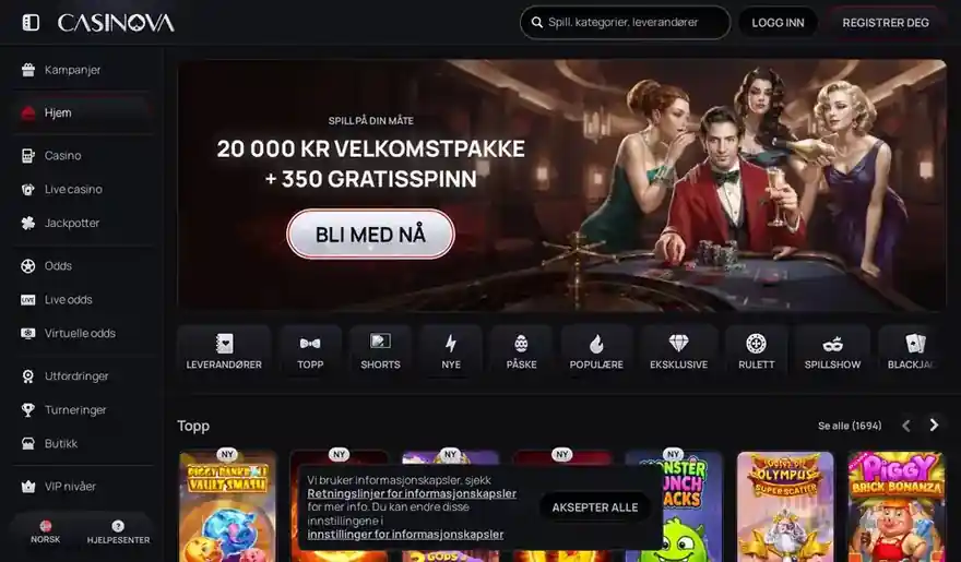 Skjermbilde av forsiden til Casinova