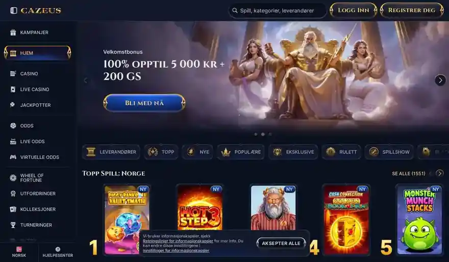 Skjermbilde av forsiden til Cazeus Casino