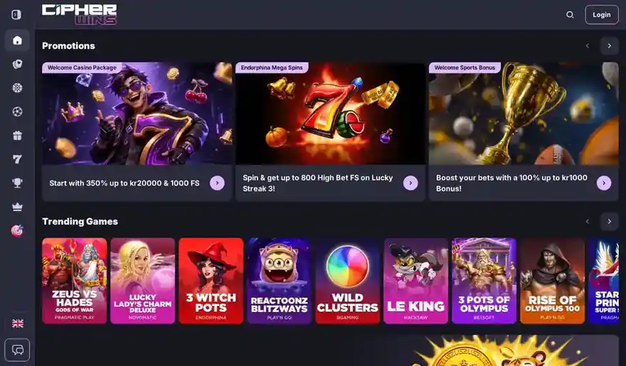 Skjermbilde av forsiden til CipherWins med velkomstpakke, sportsbonus og kryptobonus