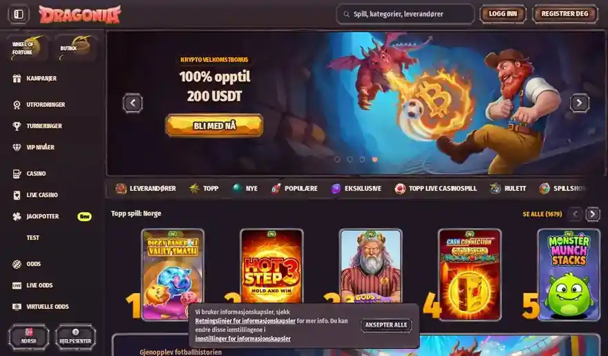 Skjermbilde av forsiden til Dragonia Casino