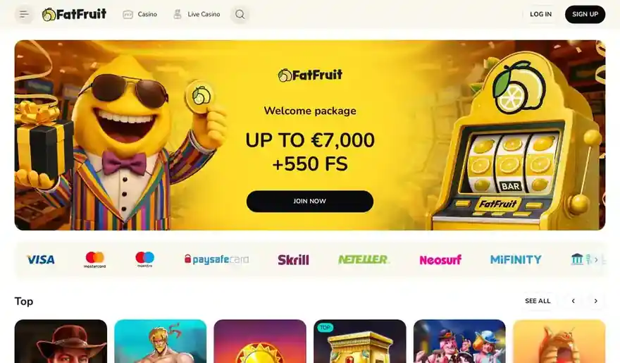Skjermbilde av forsiden til FatFruit Casino