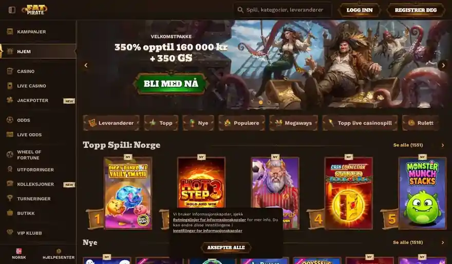 Skjermbilde av forsiden til Fat Pirate Casino