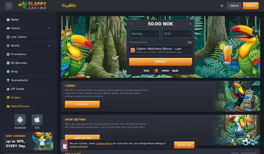 Skjermbilde av forsiden til Flappy Casino