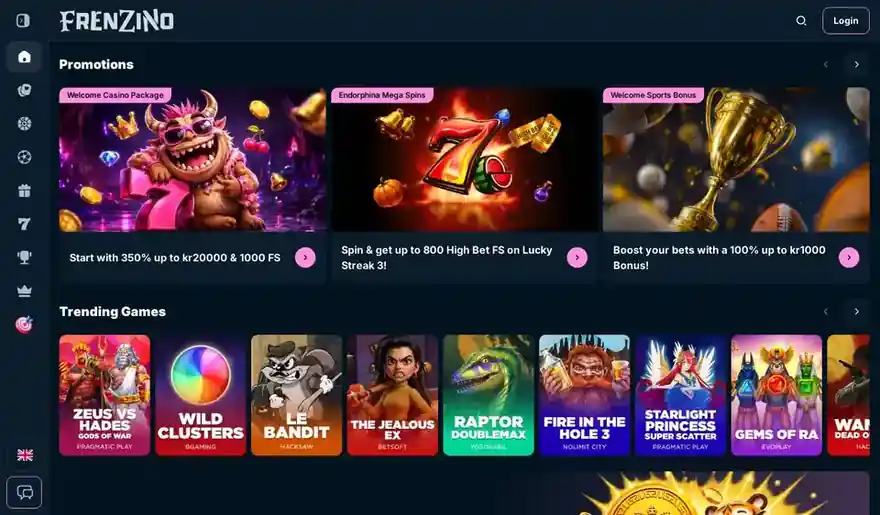 Skjermbilde av forsiden til Frenzino Casino