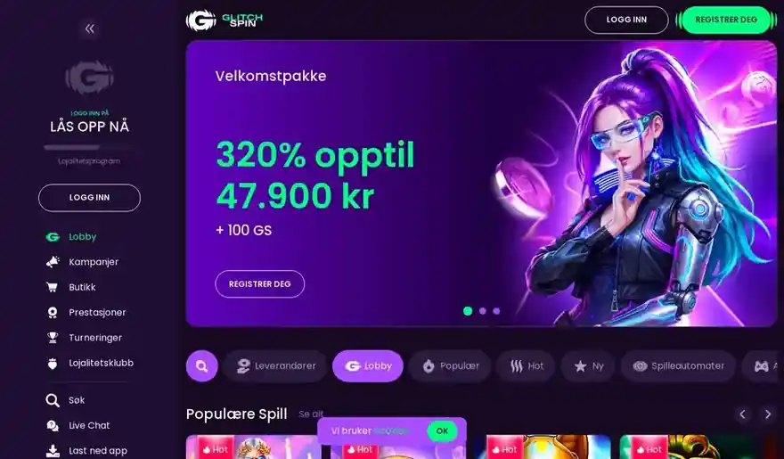 Skjermbilde av forsiden til GlitchSpin Casino
