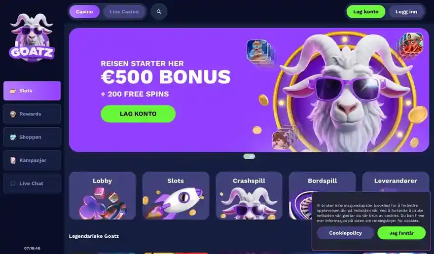 Skjermbilde av Goatz sin norske forside med bonus i euro og banner for bonusbutikken