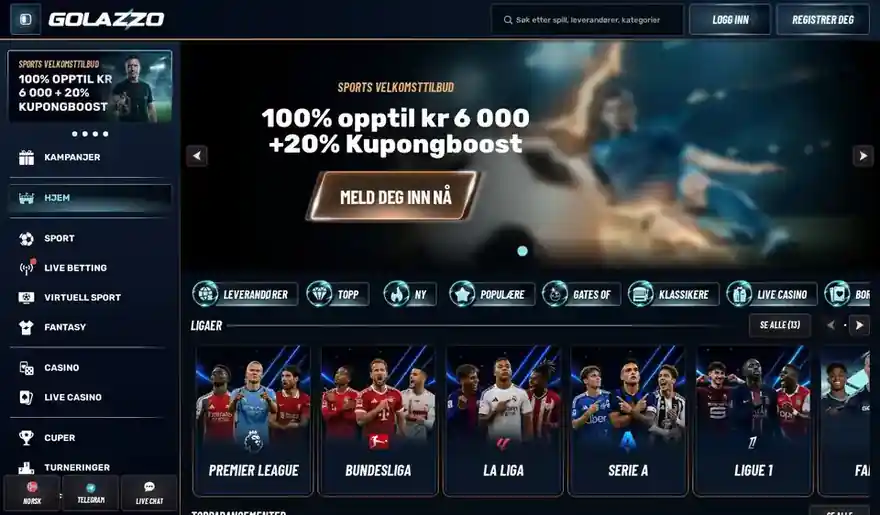 Skjermbilde av forsiden til Golazzo Casino
