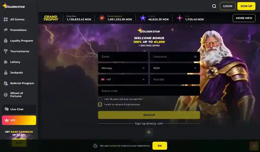 Skjermbilde av forsiden til Golden Star Casino