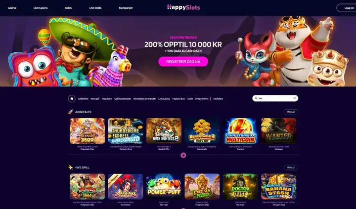 Skjermbilde av forsiden til HappySlots