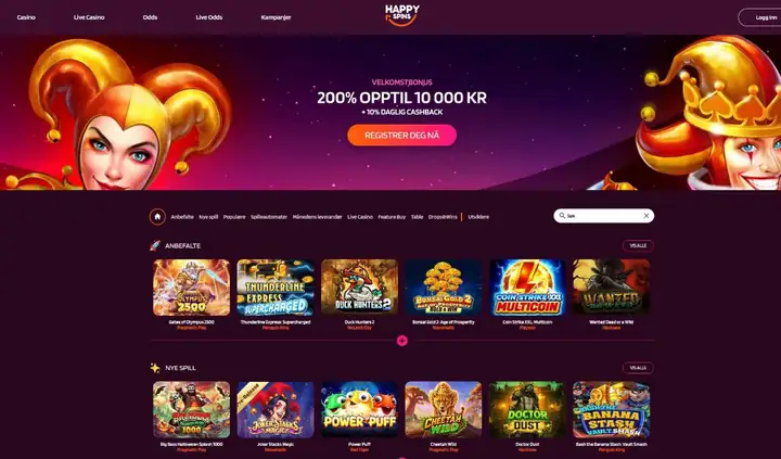 Skjermbilde av forsiden til HappySpins