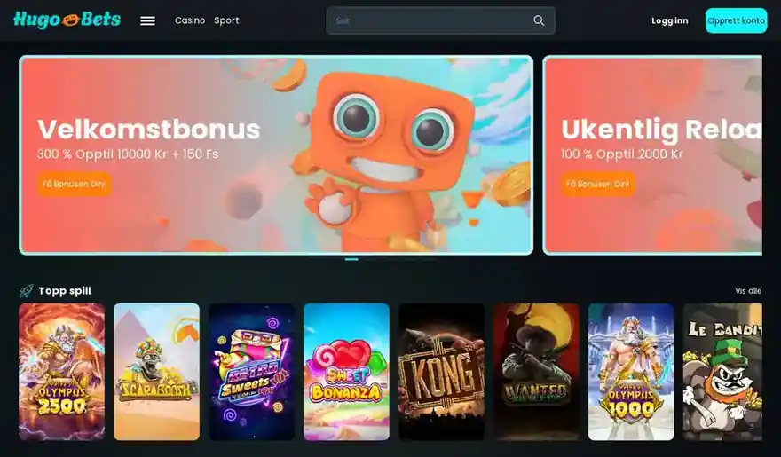 Skjermbilde av forsiden til HugoBets Casino