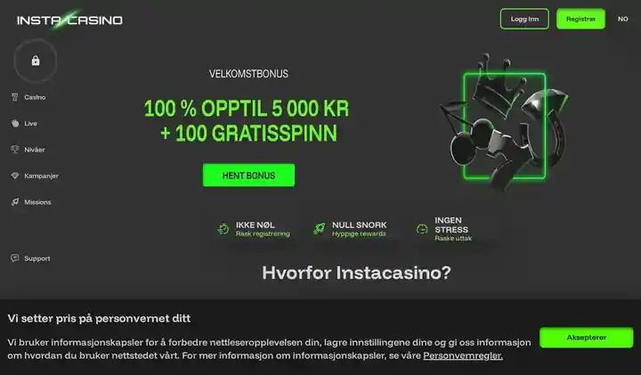 Skjermbilde av forsiden til Insta Casino