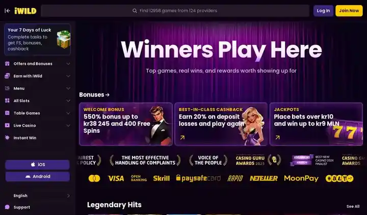 Skjermbilde av forsiden til iWild Casino