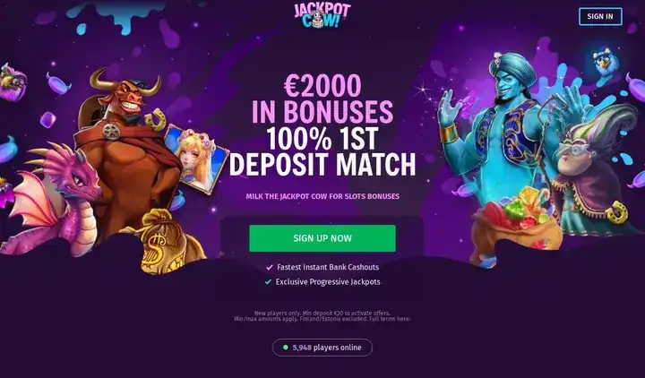 Skjermbilde av forsiden til Jackpot Cow Casino