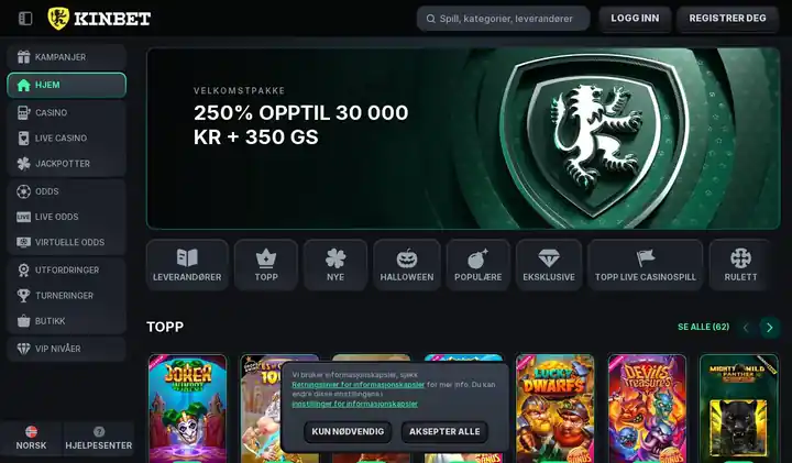 Skjermbilde av forsiden til KinBet