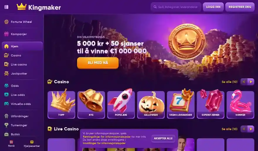 Skjermbilde av forsiden til Kingmaker Casino