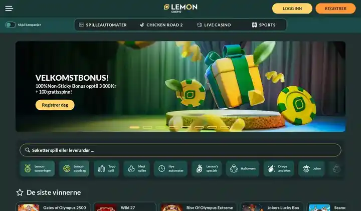 Skjermbilde av forsiden til Lemon Casino