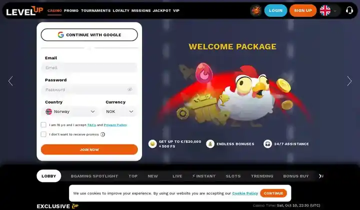 Skjermbilde av forsiden til LevelUp Casino