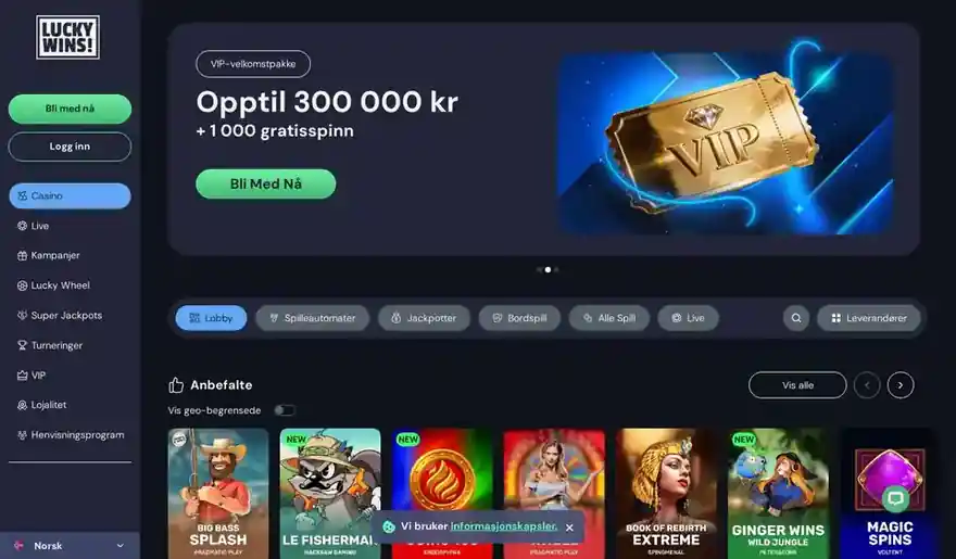 Skjermbilde av forsiden til LuckyWins Casino