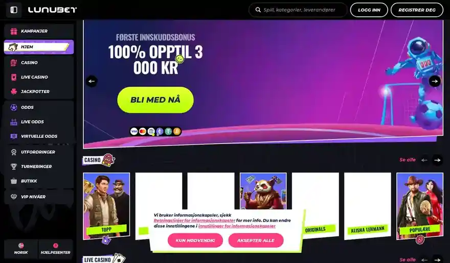 Skjermbilde av forsiden til LunuBet Casino