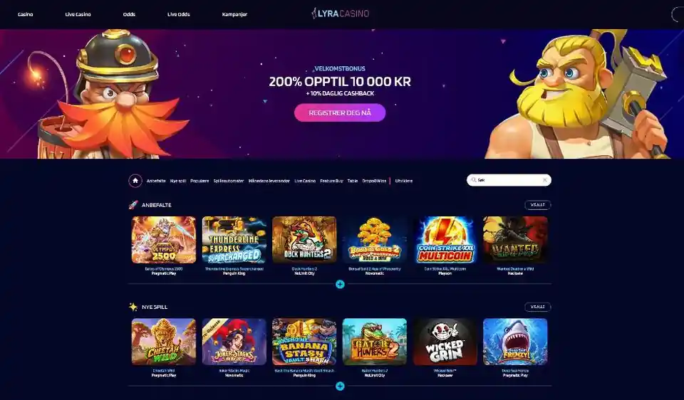 Skjermbilde av forsiden til Lyra Casino med velkomstbonus 200 % opptil 10 000 kr og 10 % daglig cashback