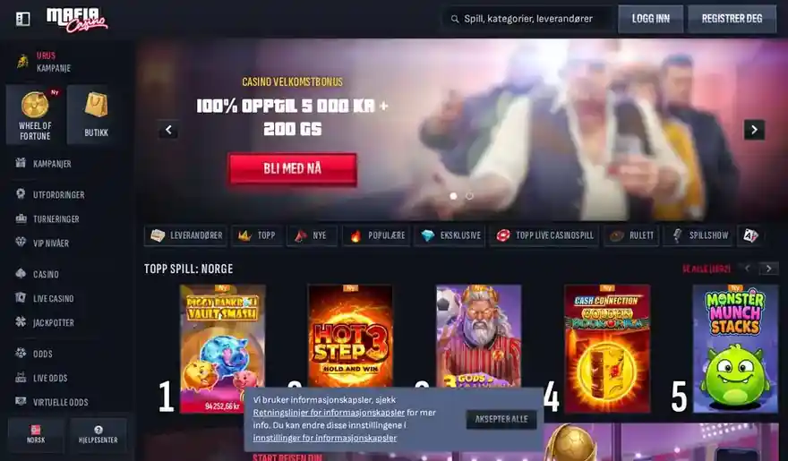 Skjermbilde av forsiden til Mafia Casino
