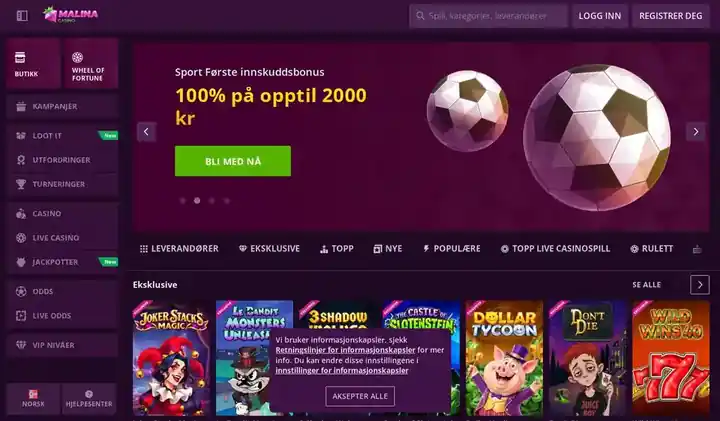 Skjermbilde av forsiden til Malina Casino