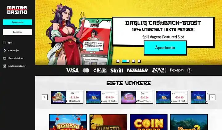 Skjermbilde av forsiden til Manga Casino