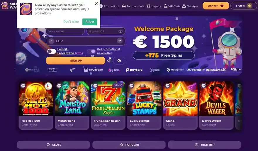 Skjermbilde av forsiden til MilkyWay Casino